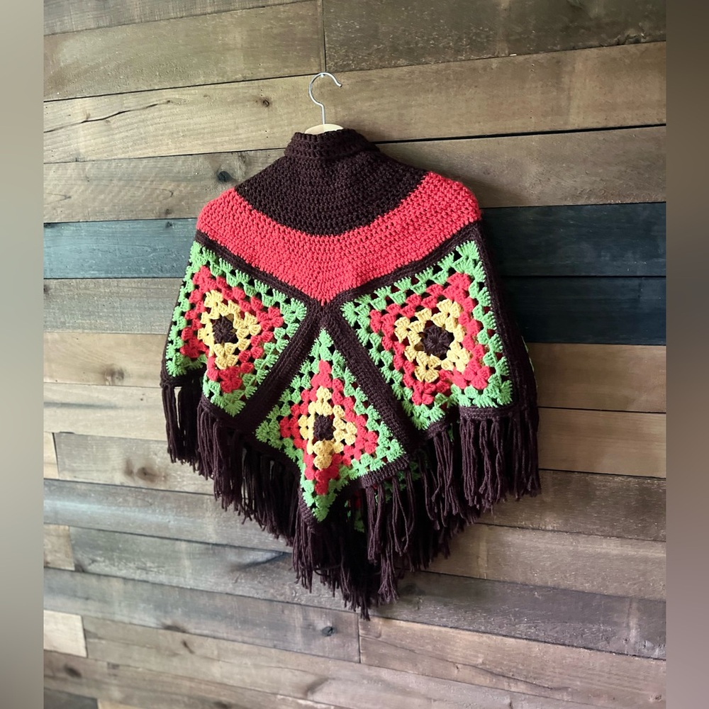 Vintage Handmade Crochet Granny Square Poncho with Fringe - Picture 5 of 8